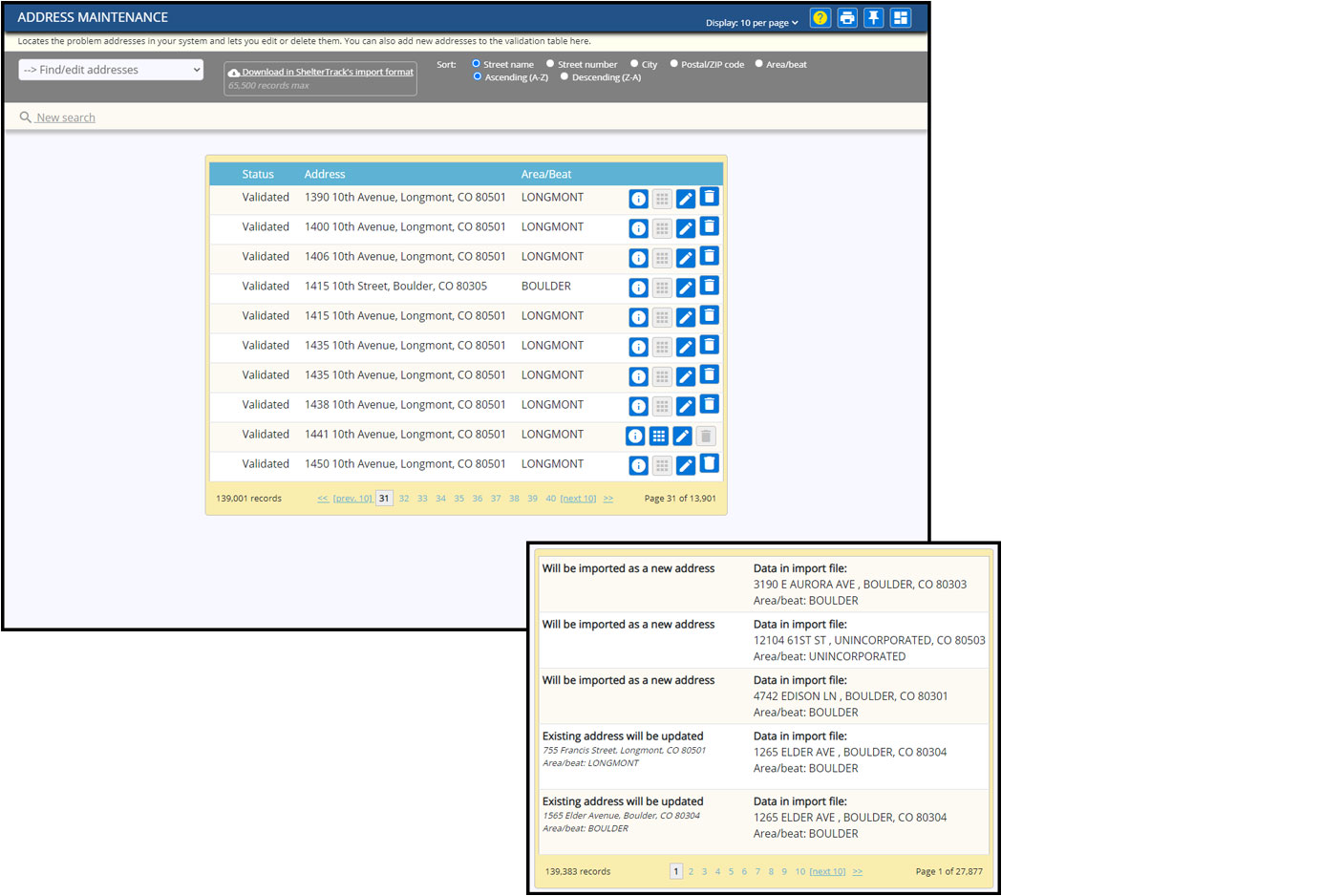 Addresses screen